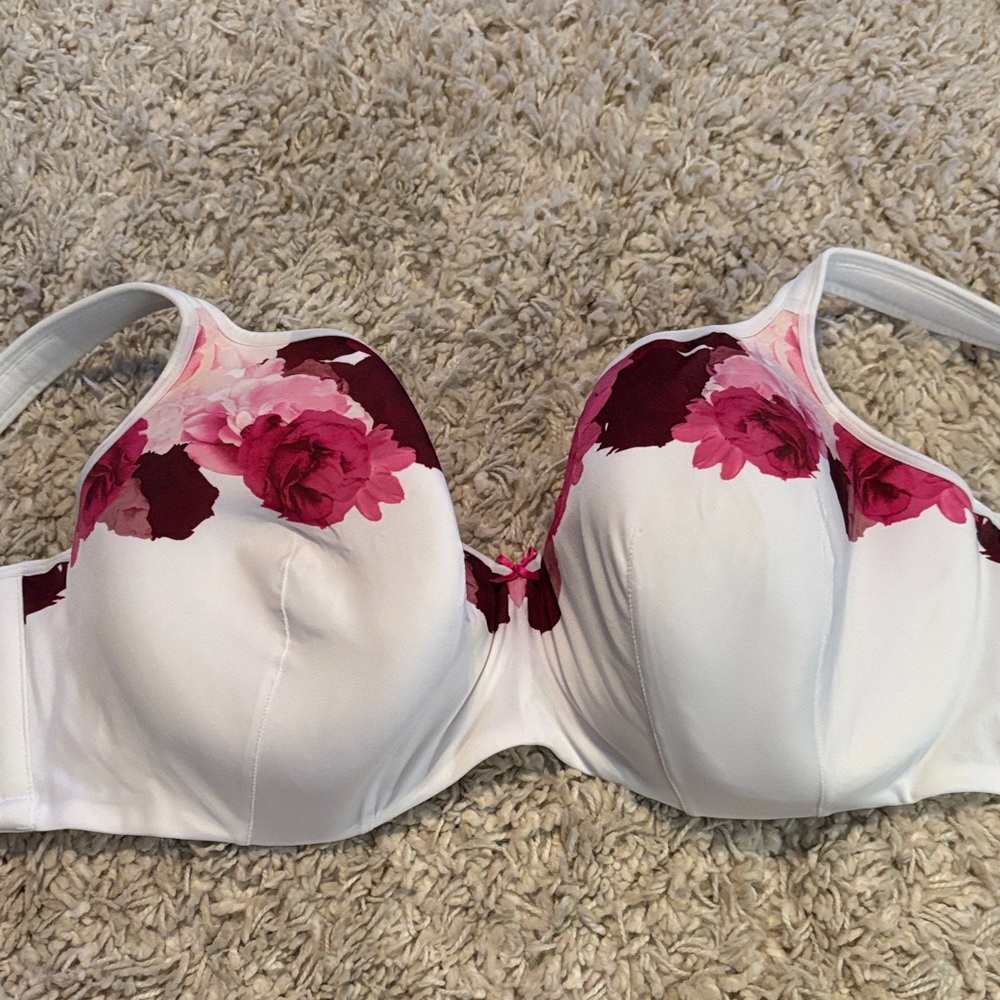 Cacique White Bra with Burgundy and Pink Floral Design